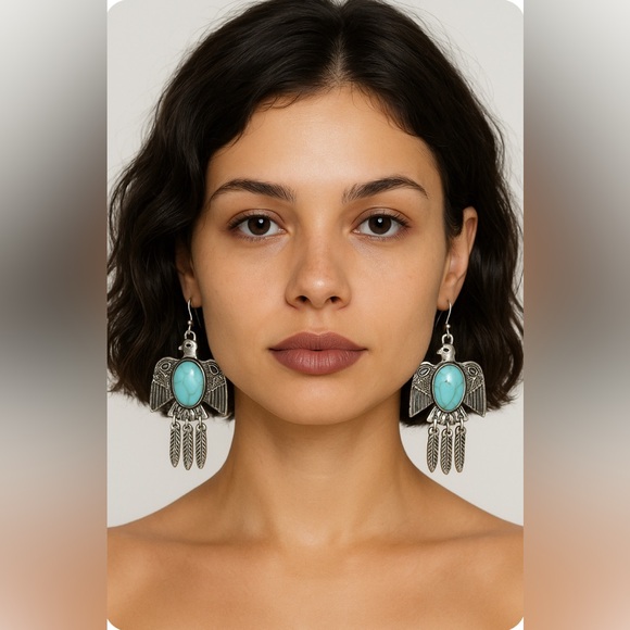 Turquoise Stone Feather Silver Bird Earrings - Picture 3 of 16